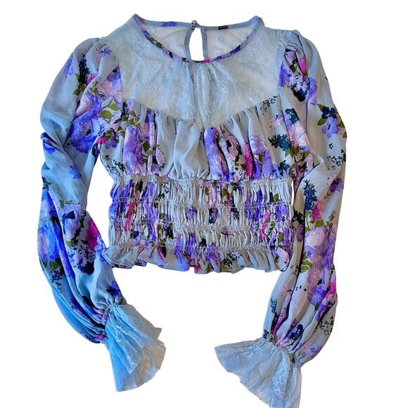 Free People Daphne Blouse In Silver Blue Combo Smocked Top Sz Small $128 - Picture 4 of 10